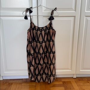 Black and Brown paisley cotton sundress with pockets, ties, tassels, with pouch.
